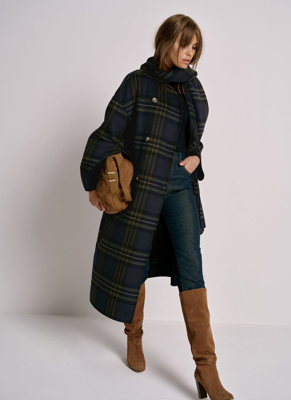Navy Check Wool Blend Hand Finished Scarf Coat