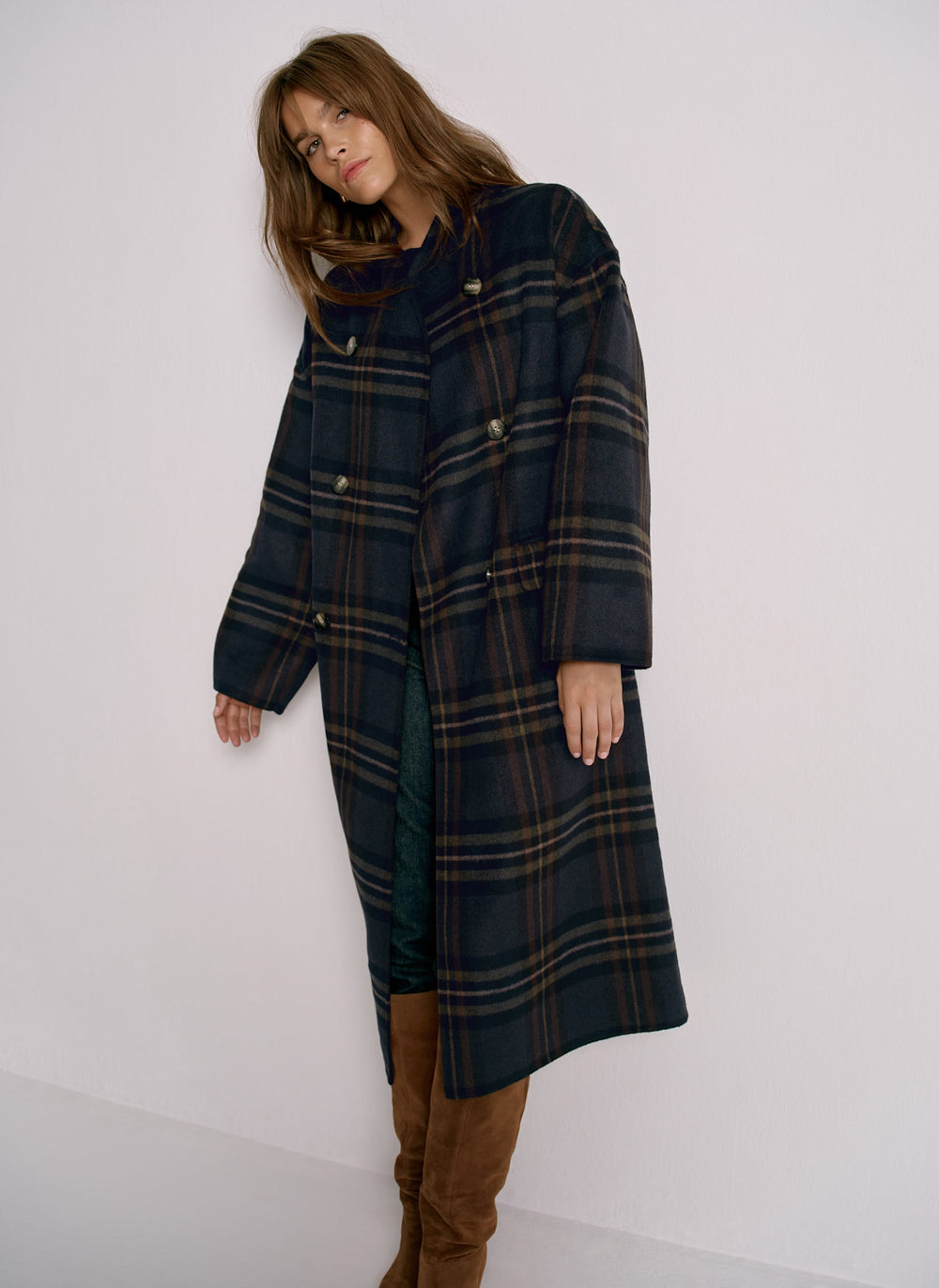 Navy Check Wool Blend Hand Finished Scarf Coat