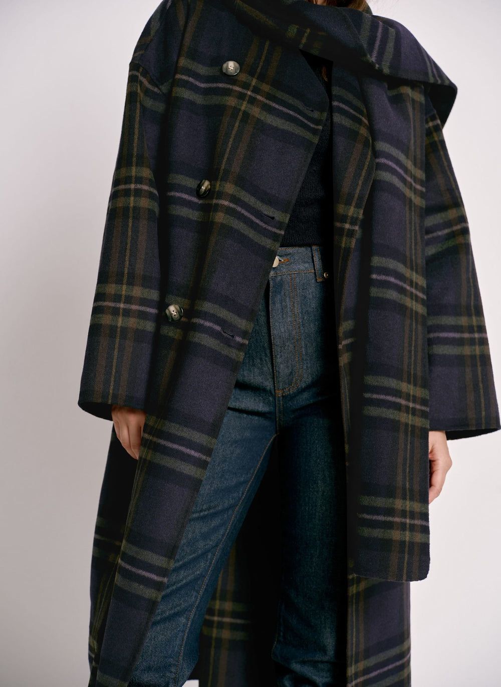 Navy Check Wool Blend Hand Finished Scarf Coat