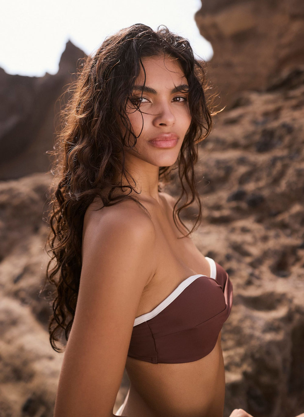 Brown Contrast Trim Bandeau Bikini Top