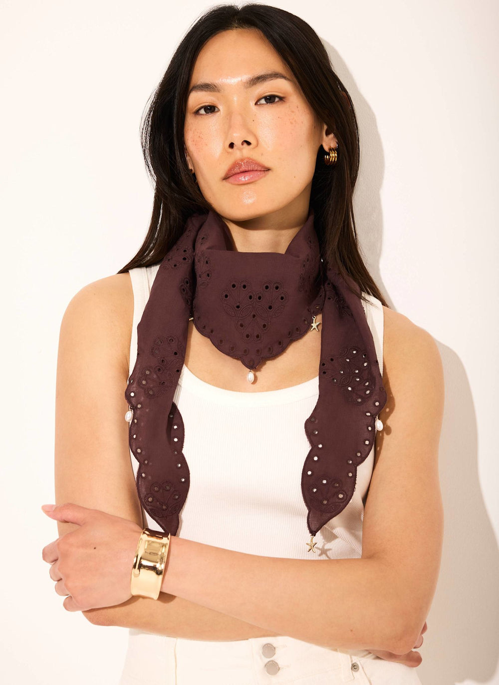 Brown Cotton Broderie Charm Scarf