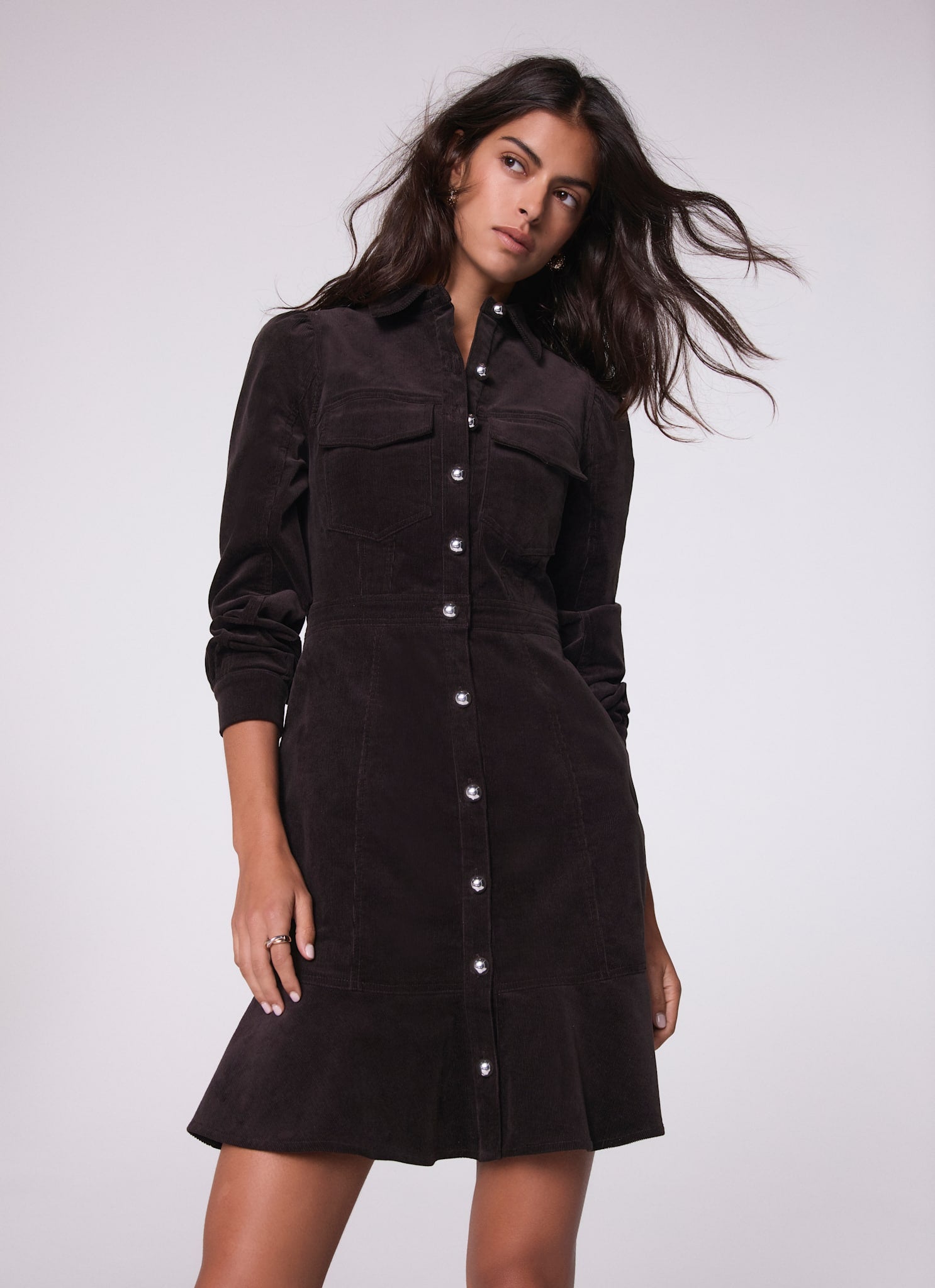 women corduroy dresses Brown Midi Shirt Dress with Flowy Waist Detail That thick fabric and that rich hue are perfection Women's Marigold Corduroy Dress In
