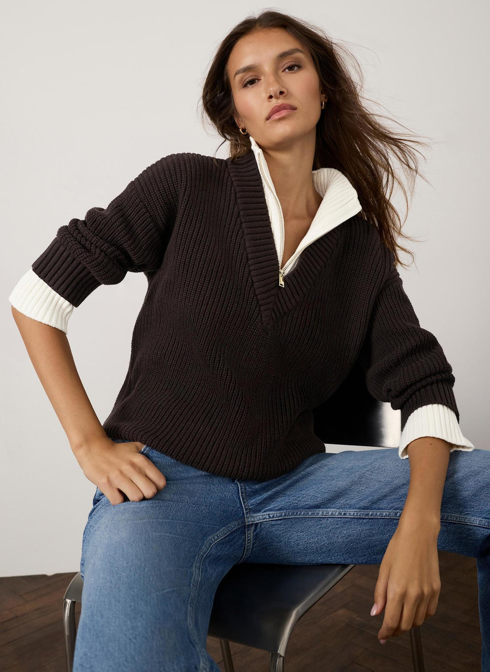 Brown Layered Funnel Neck Zip Jumper