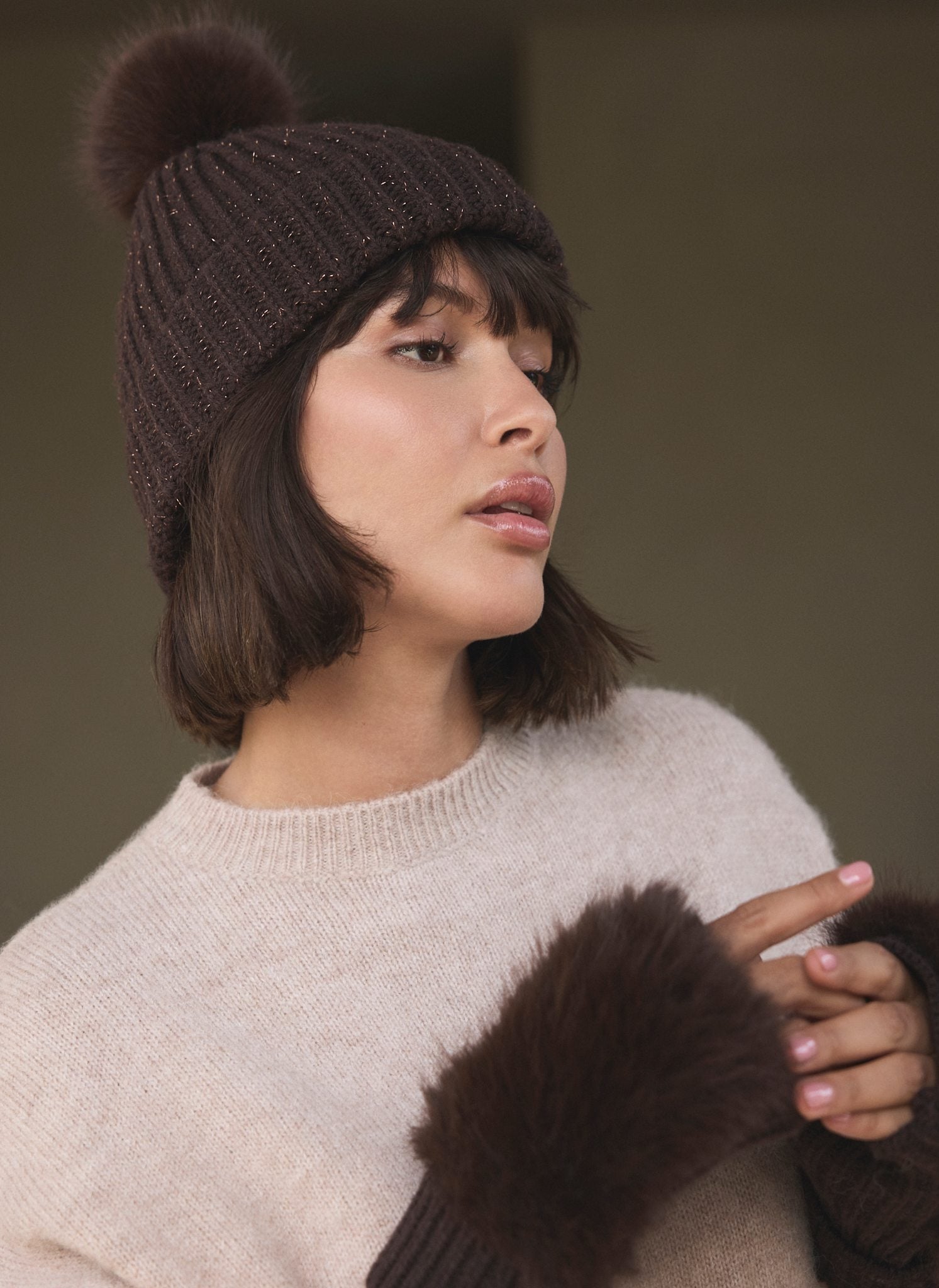 Brown Knit Pom Pom Hat – Mint Velvet - Main Image