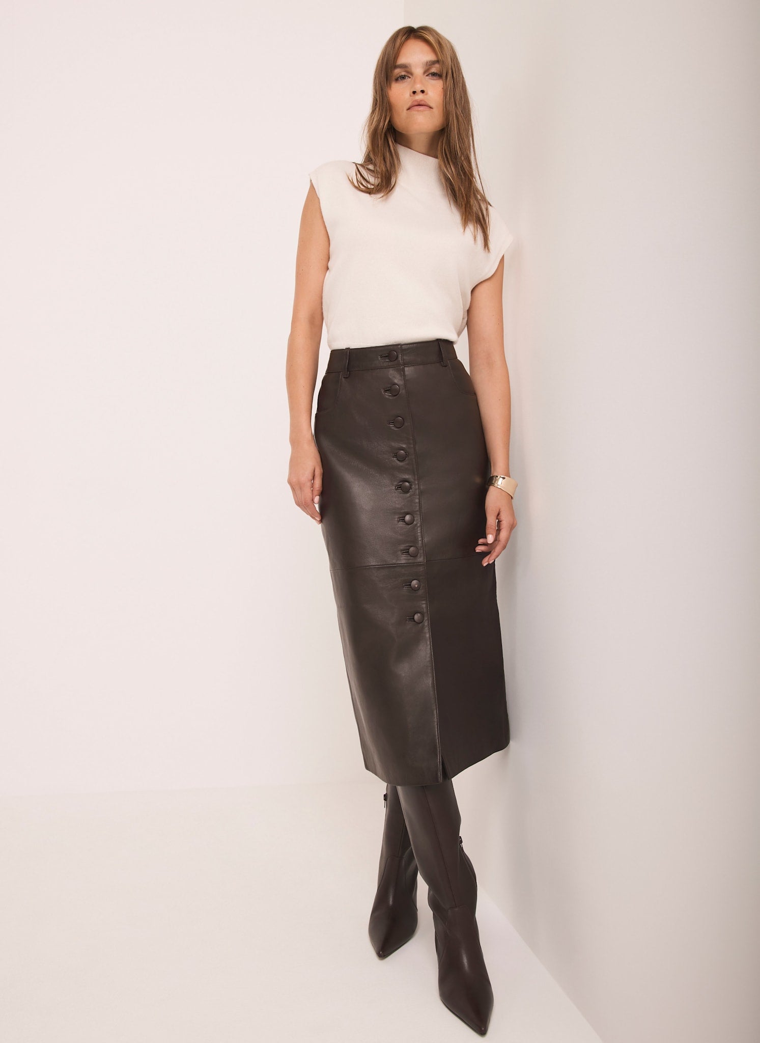 Brown Leather Midi Skirt – Mint Velvet1