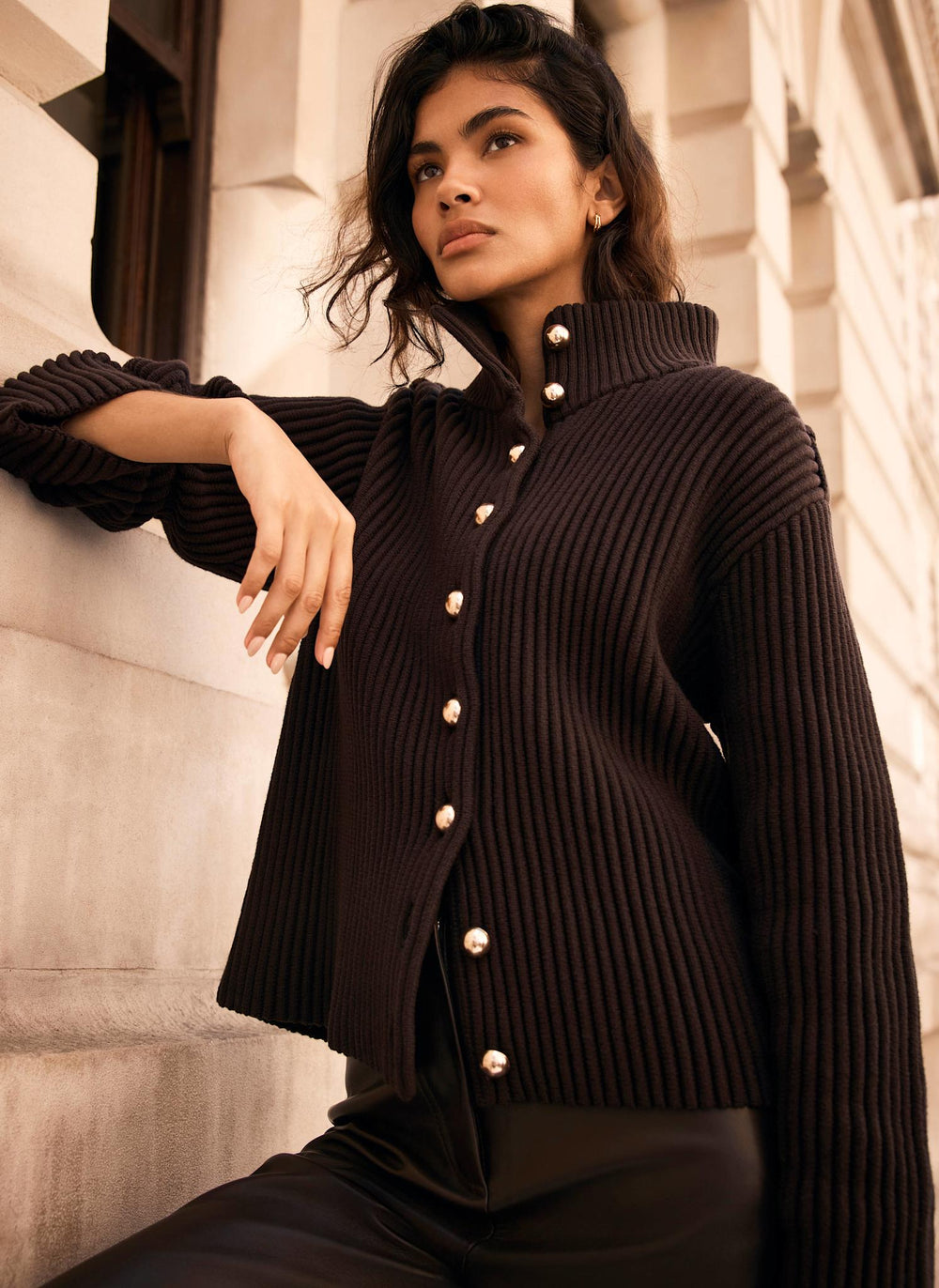 Brown Ribbed Knit Jacket