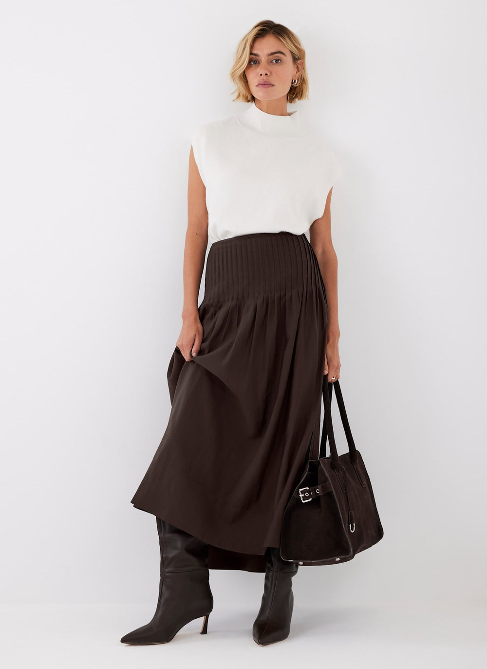 Brown Pintuck Maxi Skirt