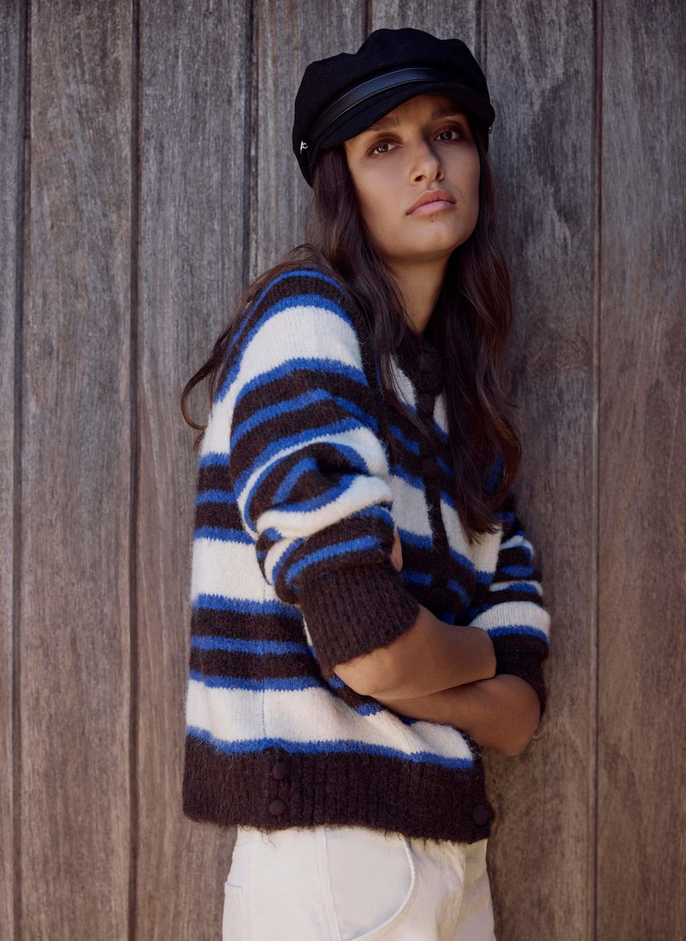Brown and Blue Striped Knit Cardigan
