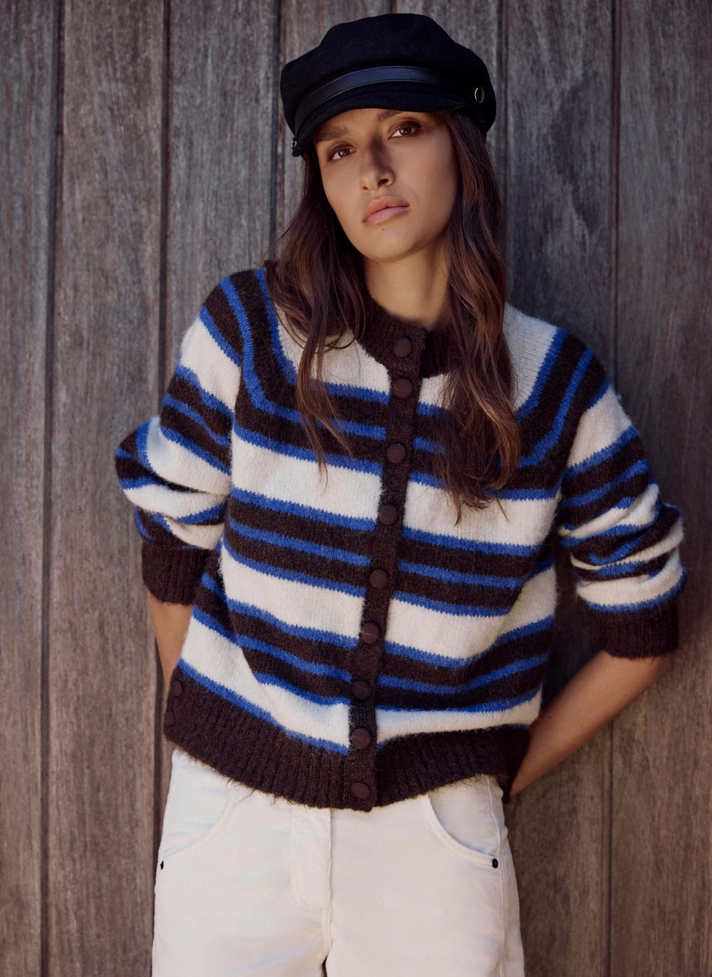 Brown and Blue Striped Knit Cardigan