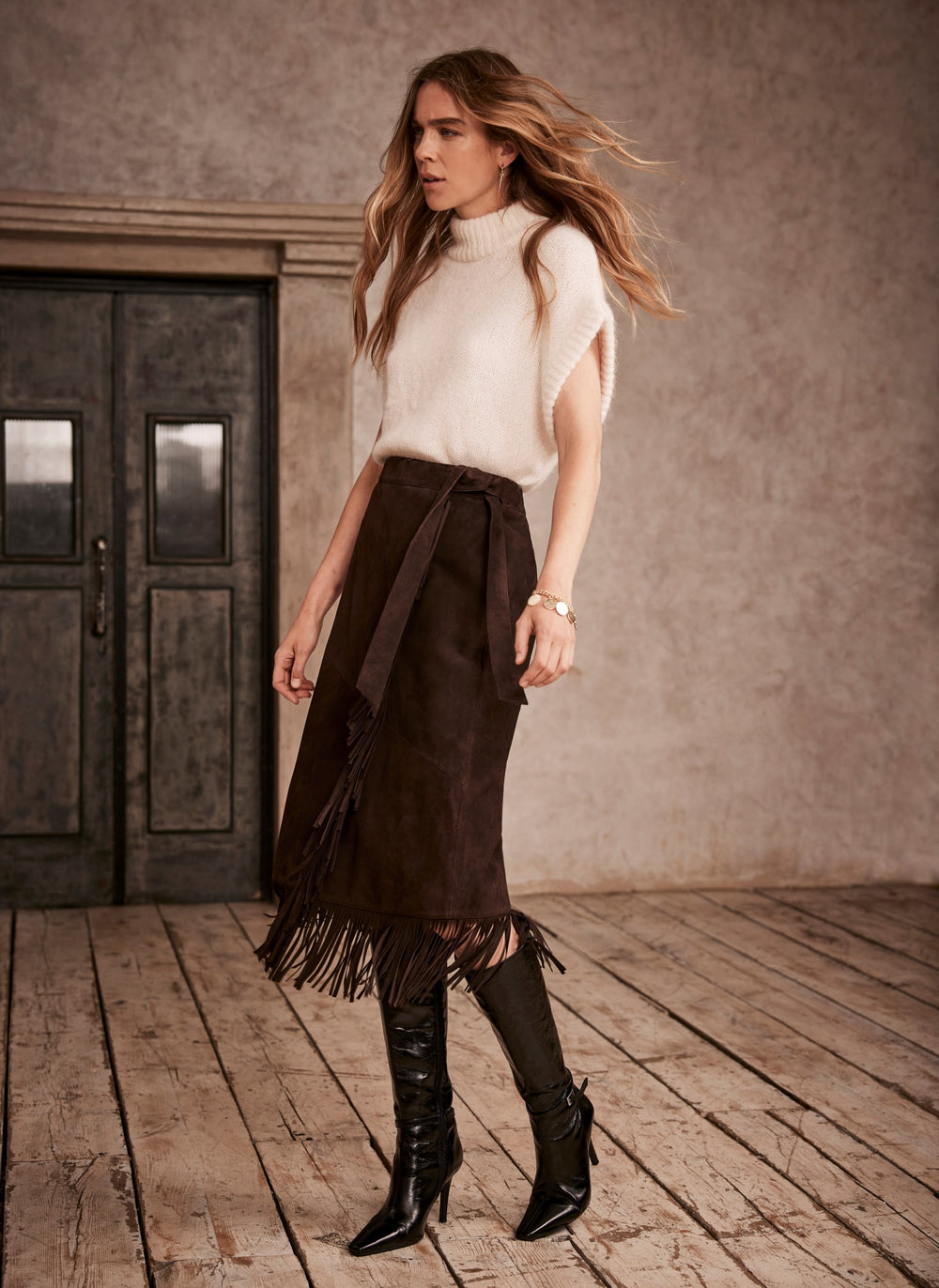 Brown Suede Fringed Midi Skirt