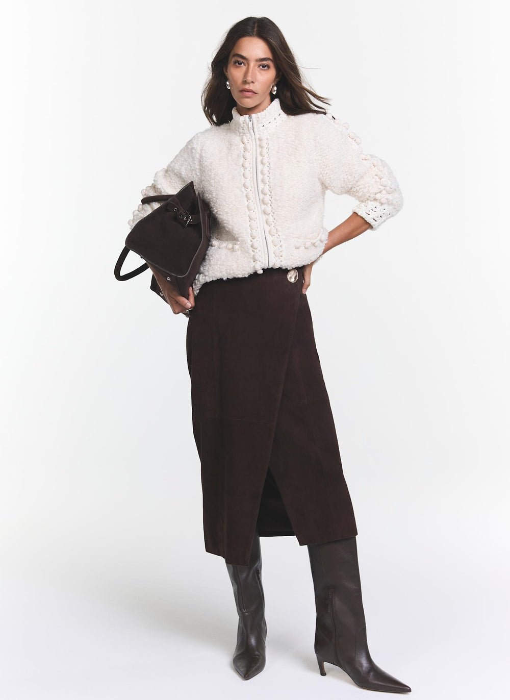 Brown Suede Wrap Midi Skirt