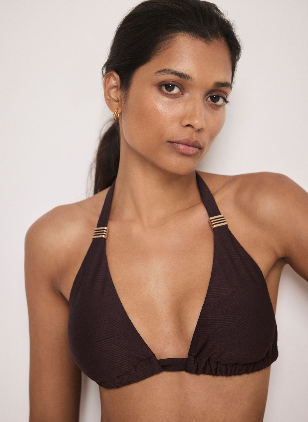 Brown Textured Triangle Bikini Top