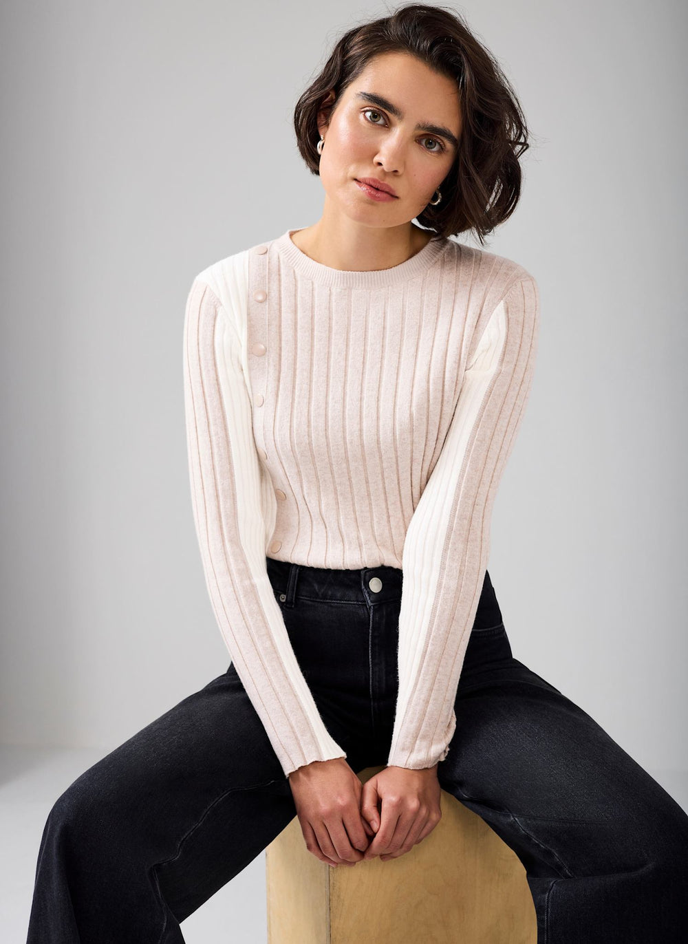 Neutral Colour Block Ribbed Knit Top