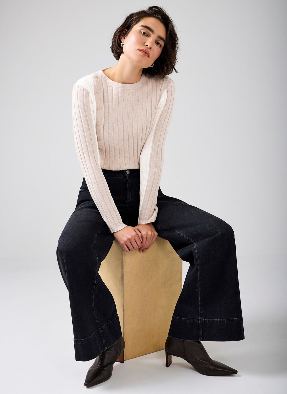 Neutral Colour Block Ribbed Knit Top