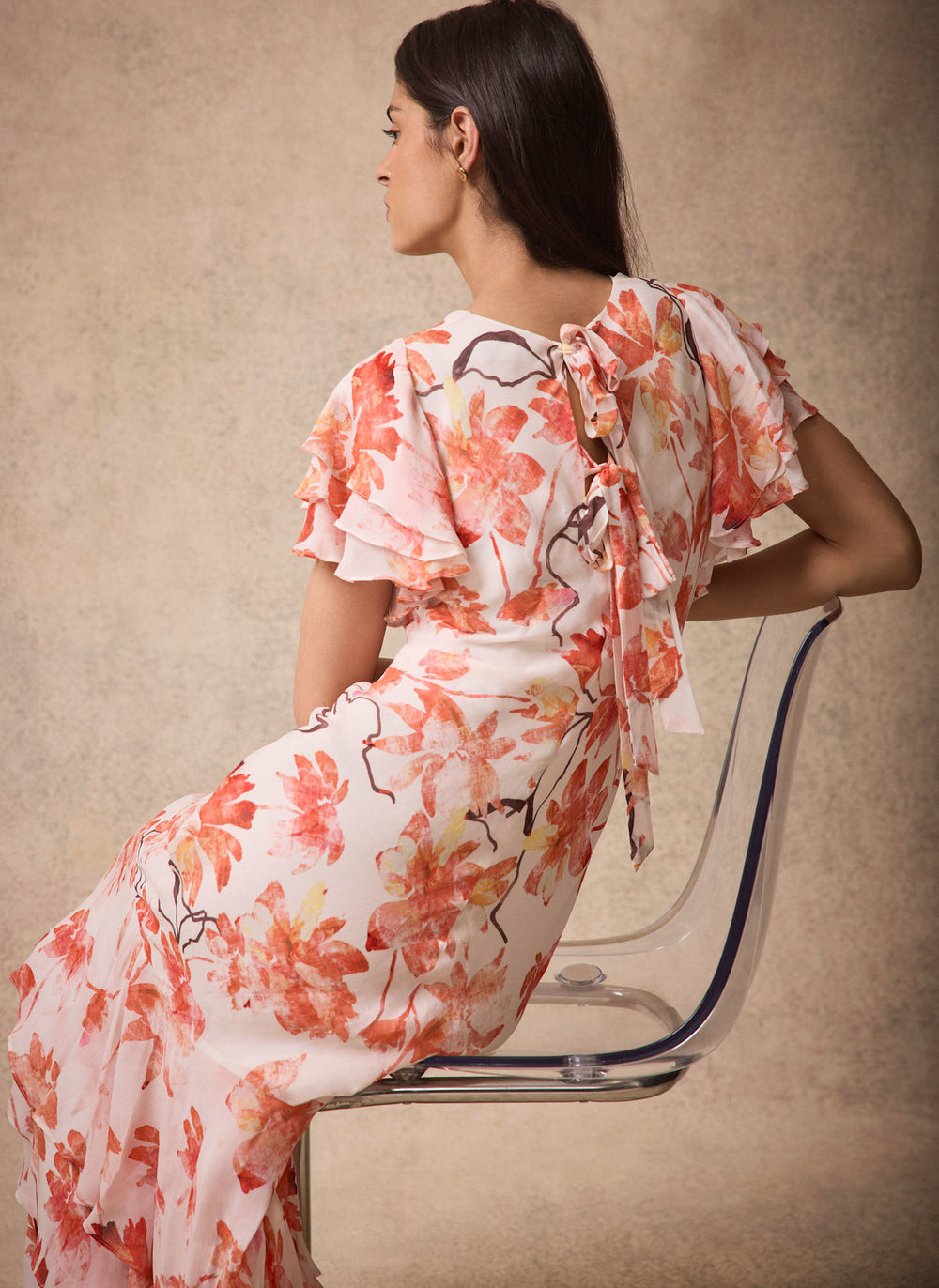 Neutral Floral Print Midi Dress