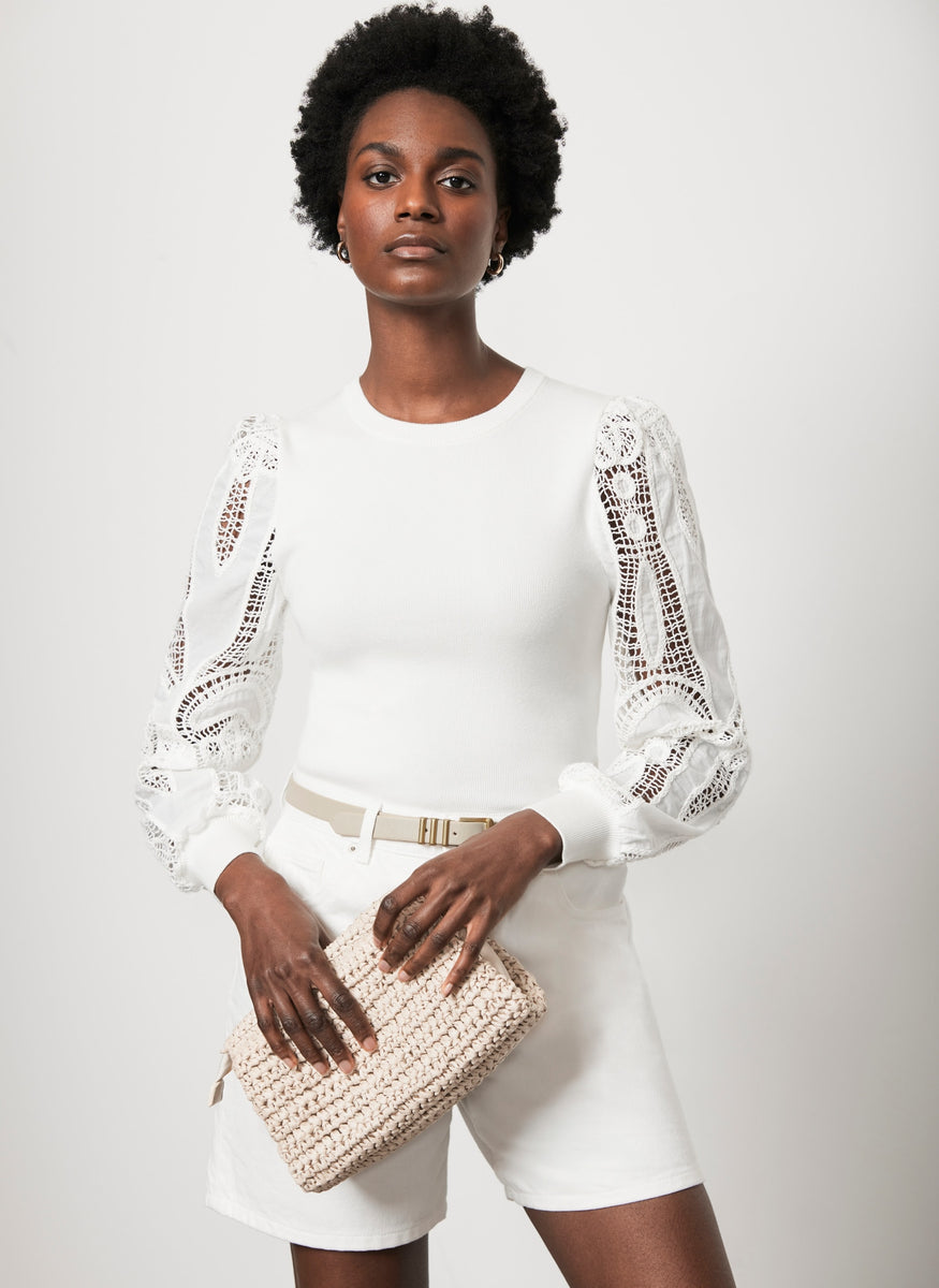 White Cotton Blend Lace Sleeve Jumper Mint Velvet