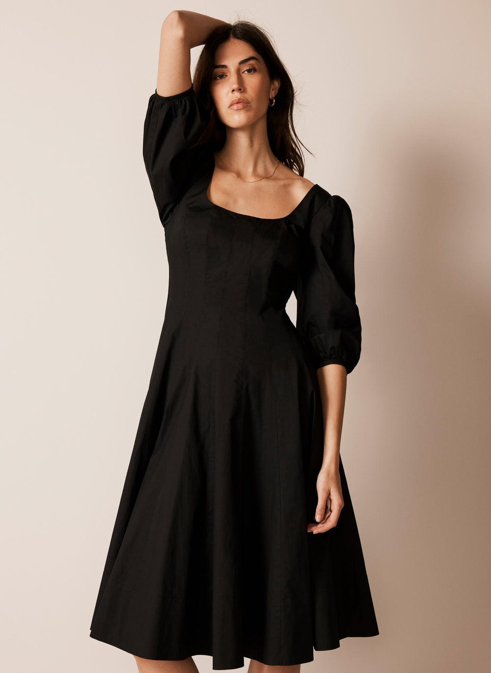 Black Cotton Puff Sleeve Midi Dress