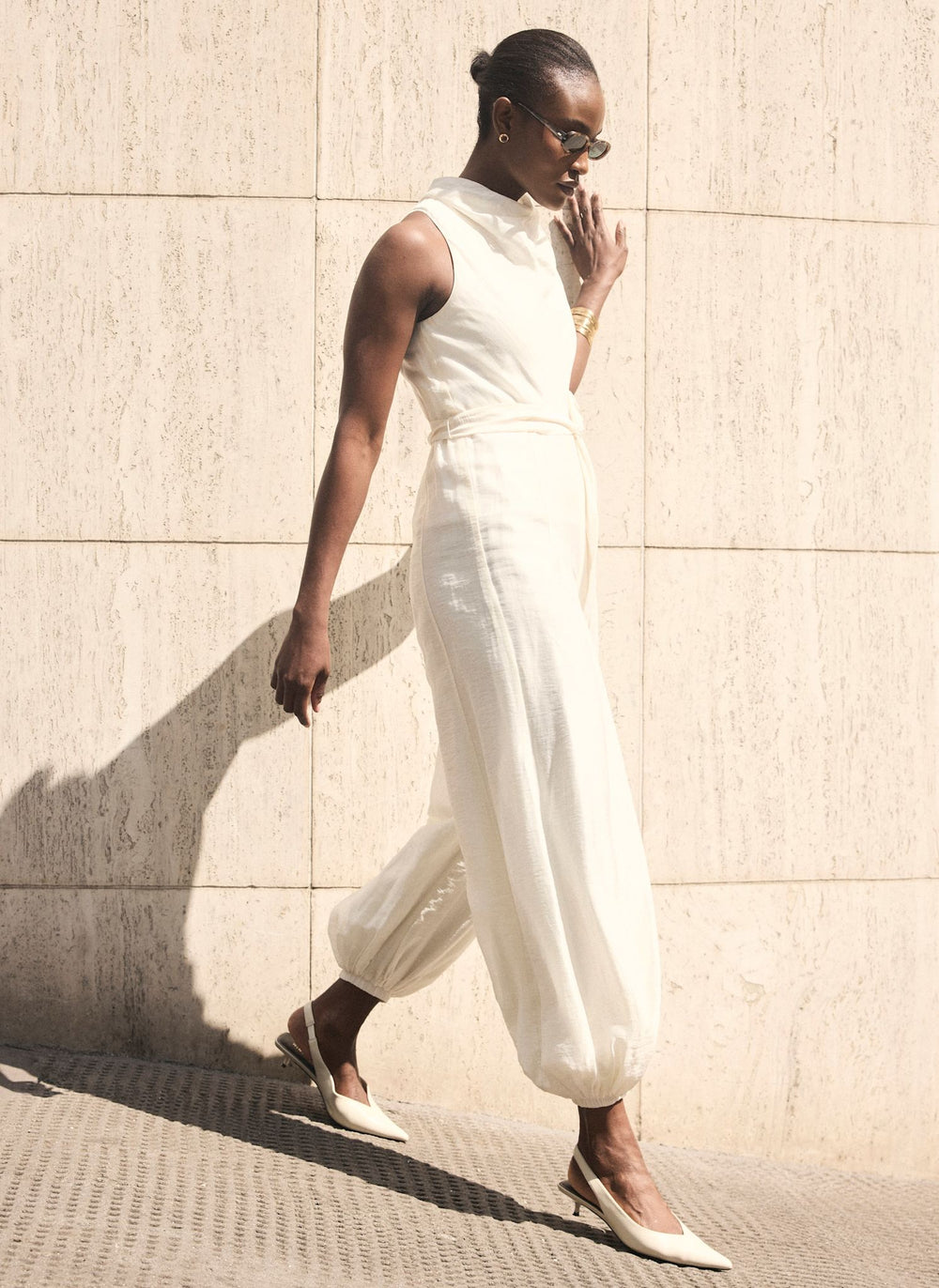 Cream Sleeveless Belted Balloon Jumpsuit