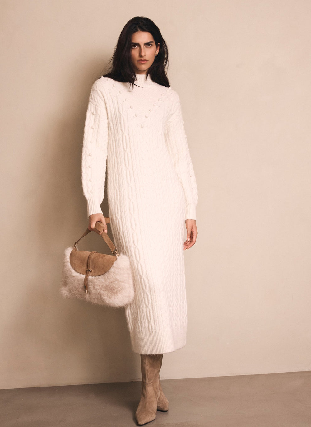 Cream Bobble Detail Knitted Midi Dress