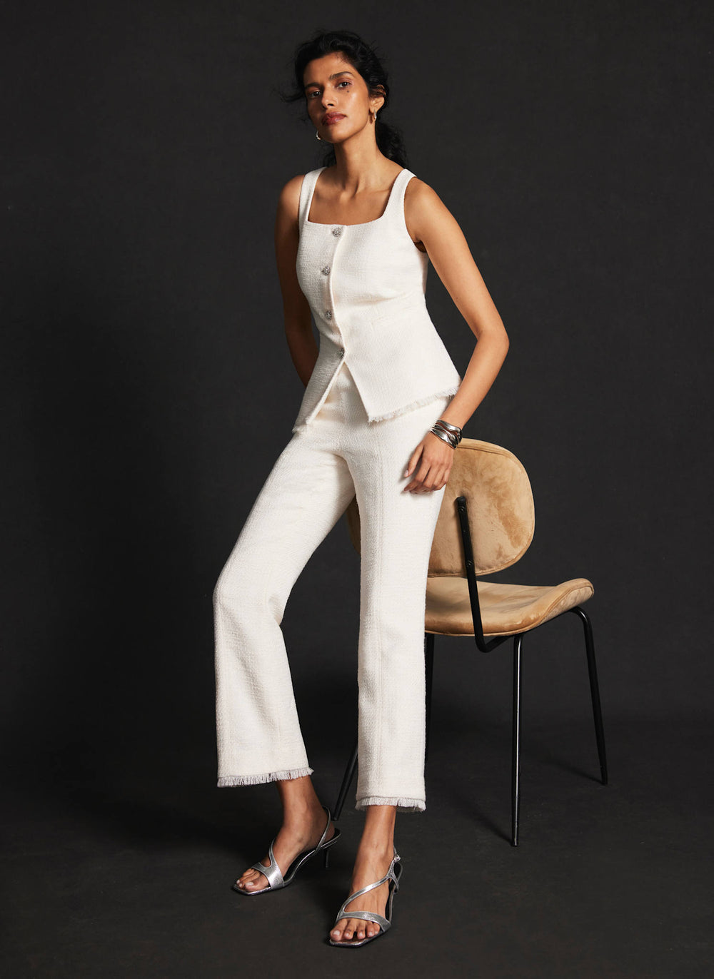 Cream Boucle Kick Flare Trousers