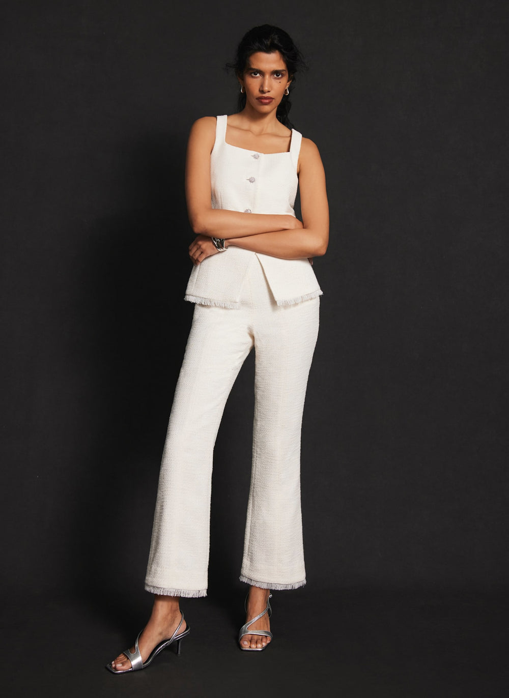 Cream Boucle Kick Flare Trousers