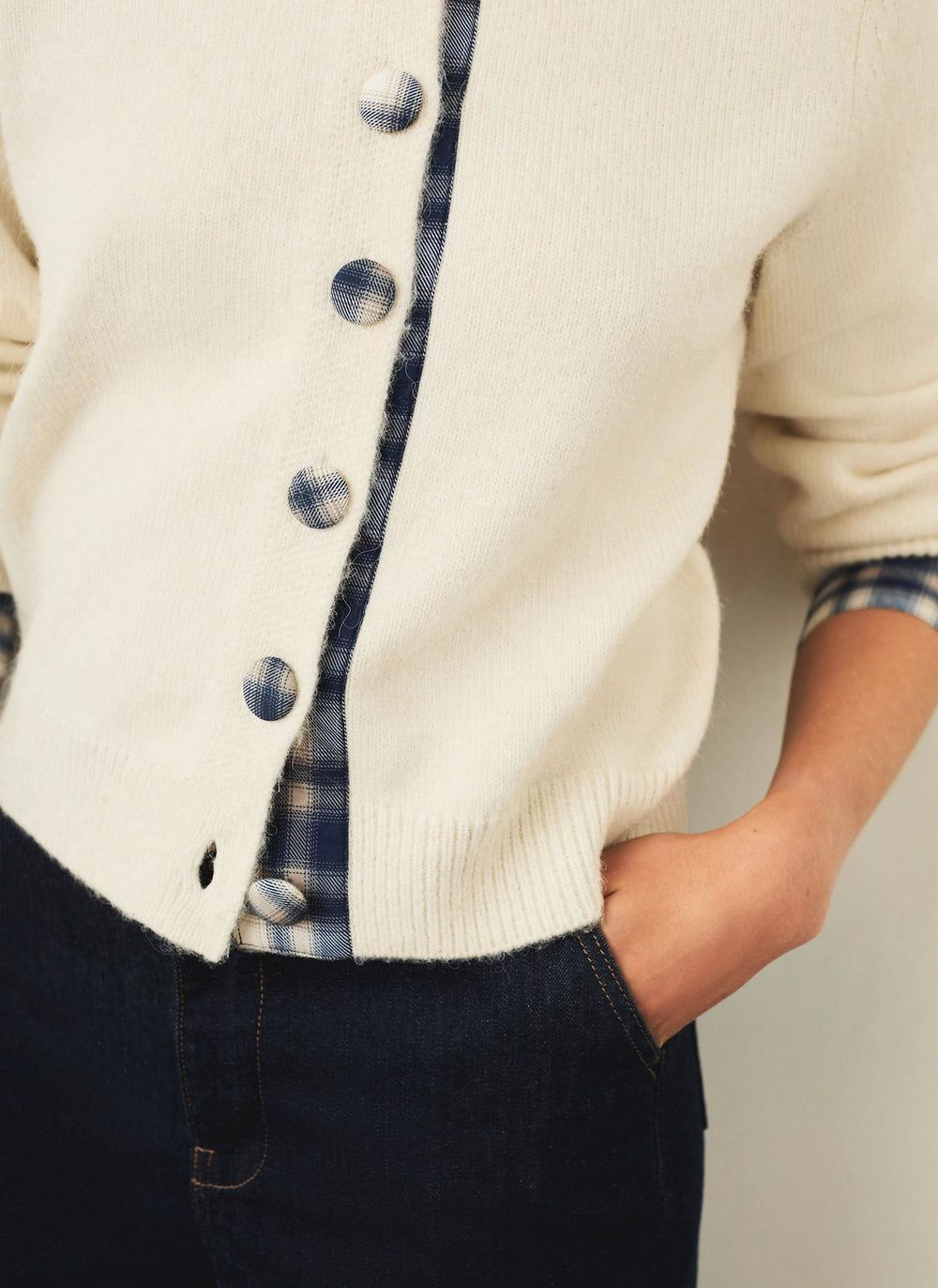 Cream Checked Trim Cardigan