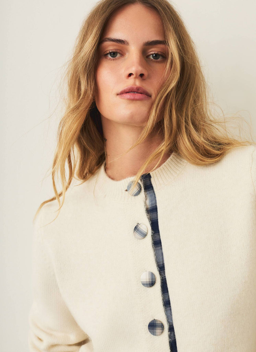 Cream Checked Trim Cardigan