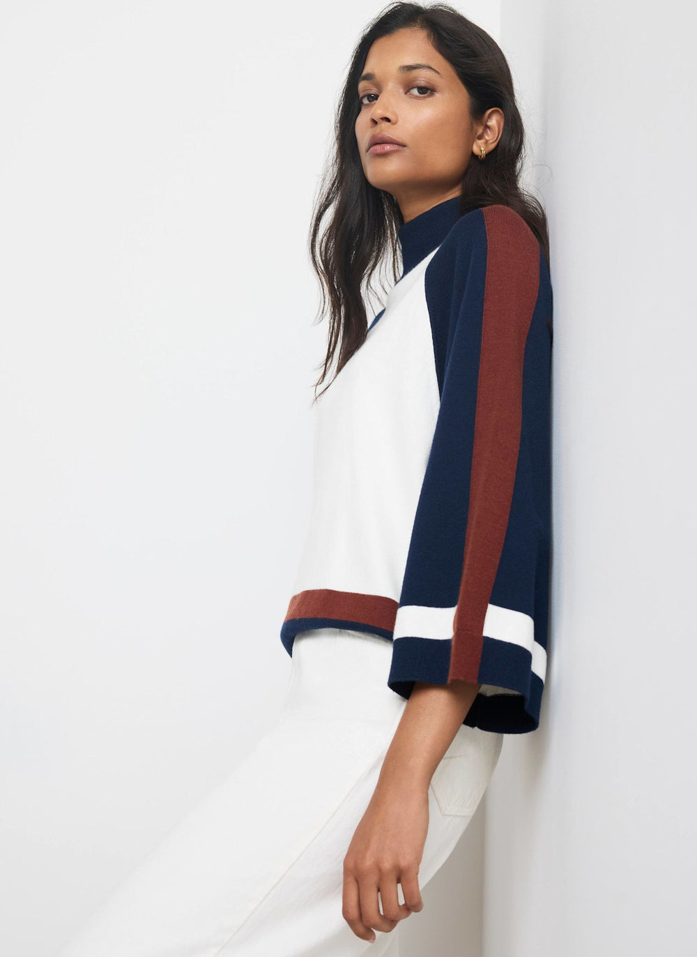 Cream Colour Block Wide Sleeve Knit Top