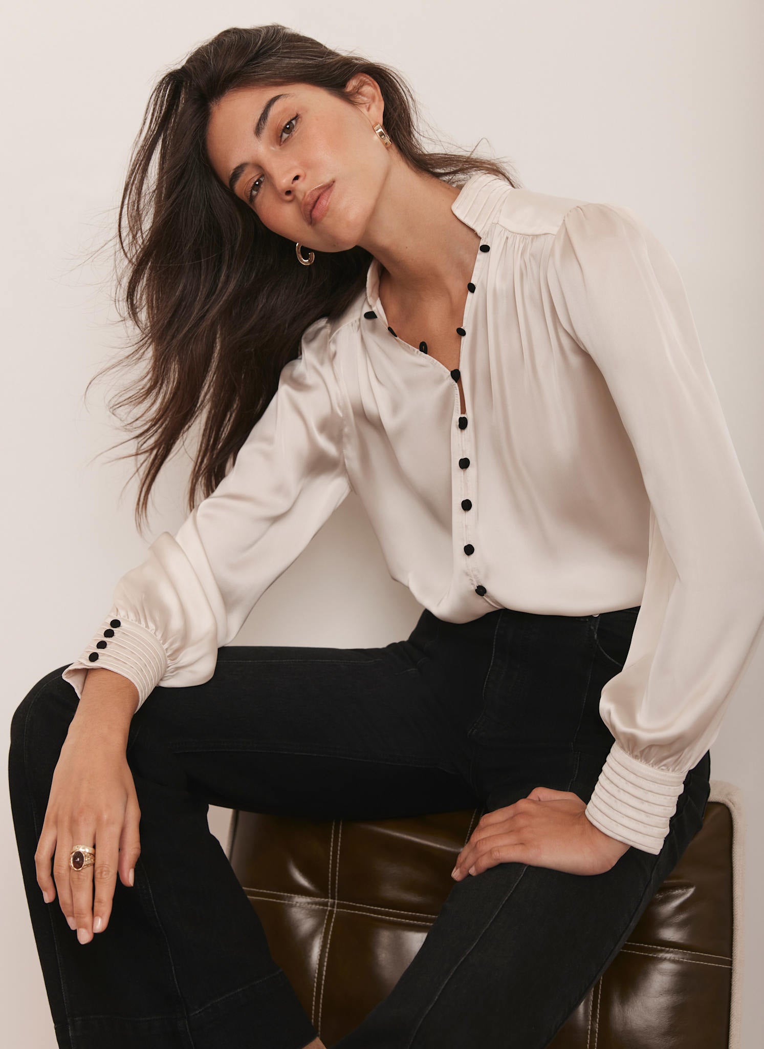 Cream Contrast Satin Blouse – Mint Velvet - Main Image