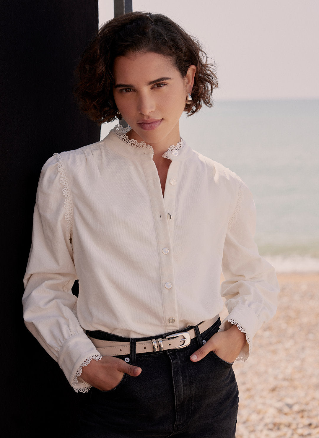 Cream Corduroy Lace Blouse