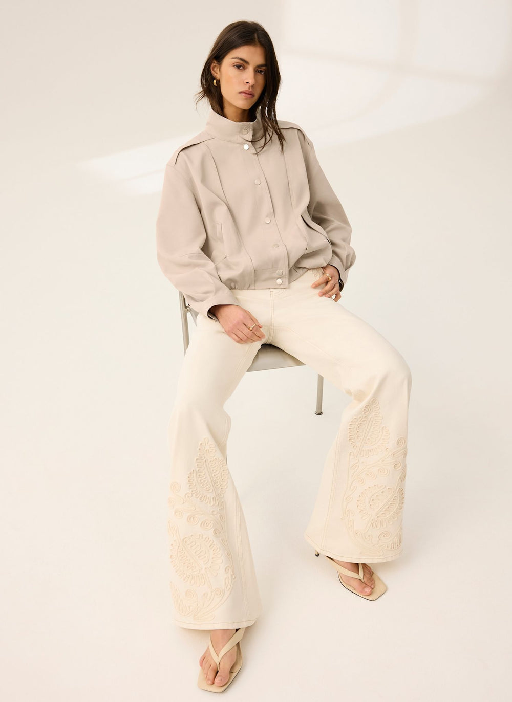 Cream Denim Embroidered Flared Jeans