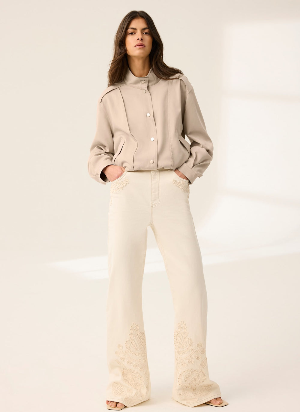 Cream Denim Embroidered Flared Jeans