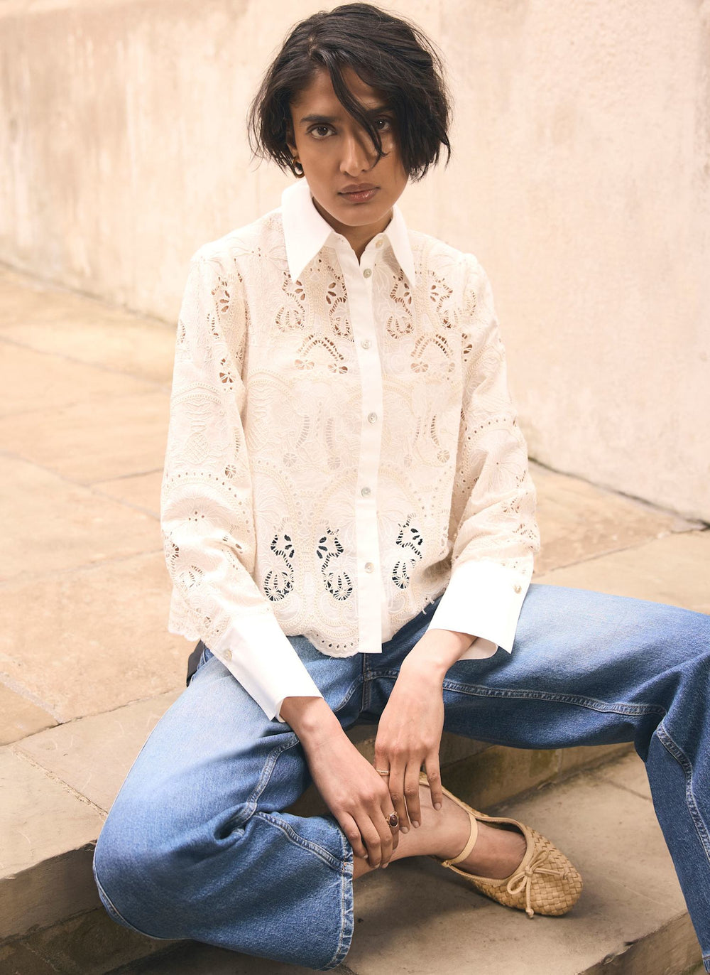 White Broderie Cropped Shirt