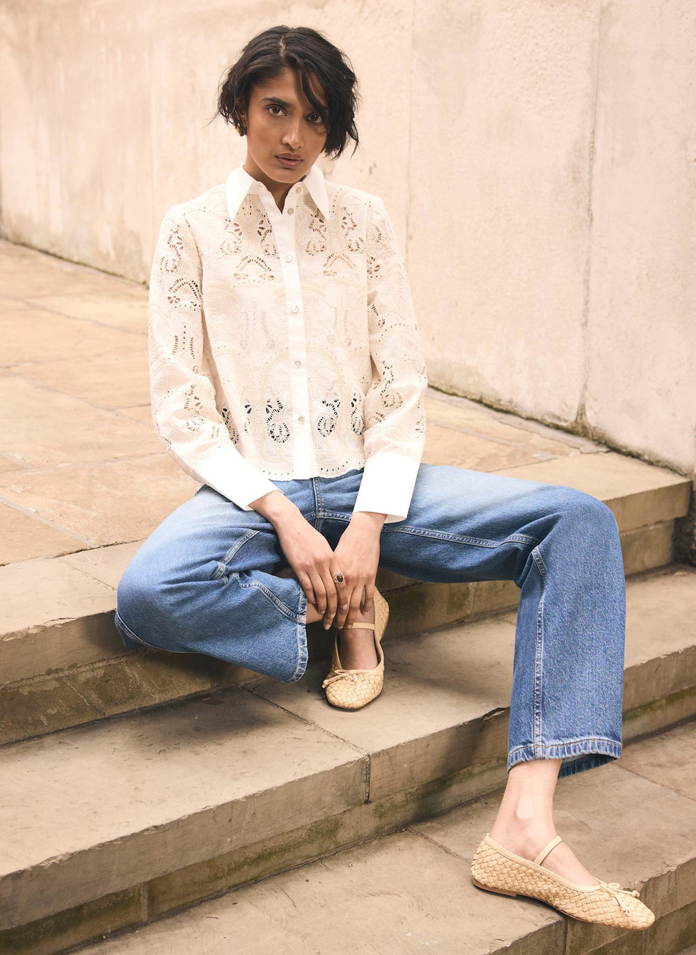 White Broderie Cropped Shirt