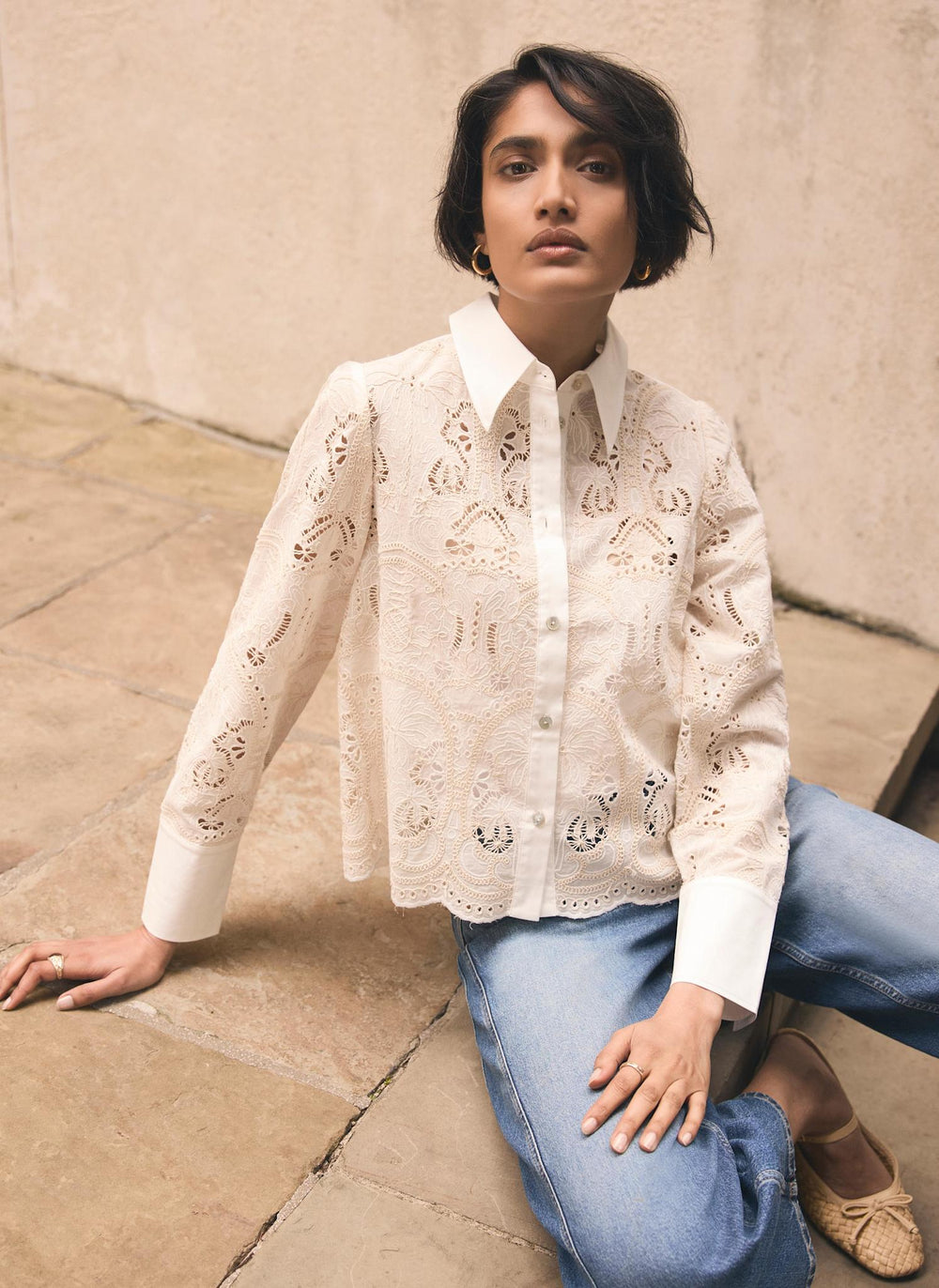 White Broderie Cropped Shirt