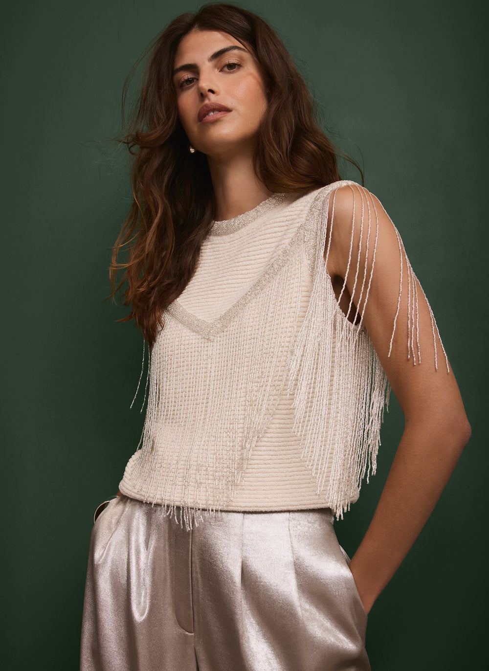 Cream Embellished Fringe Detail Top