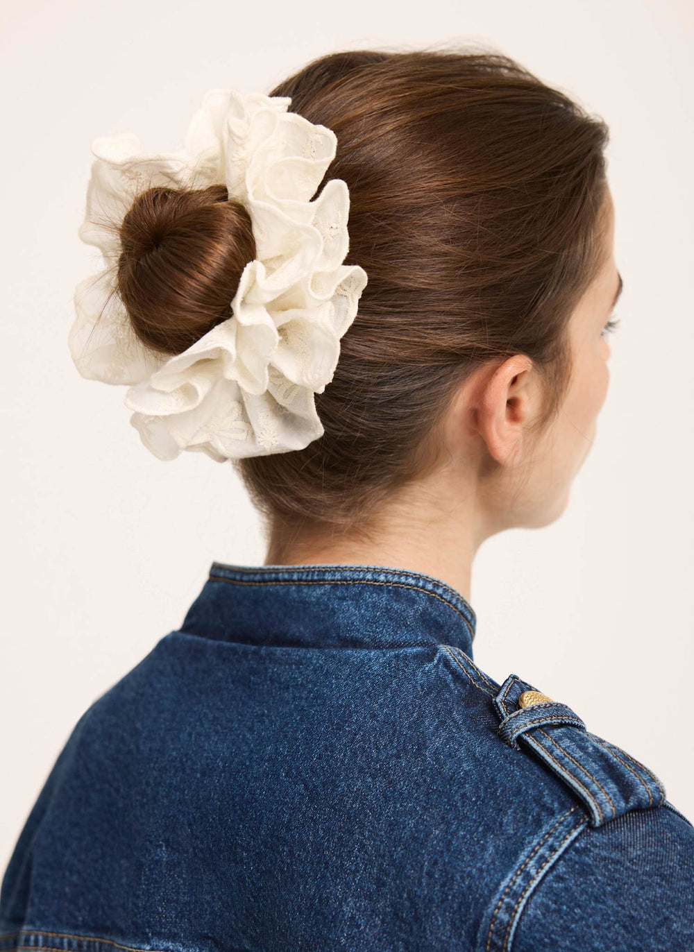 Cream Cotton Embroidered Scrunchie