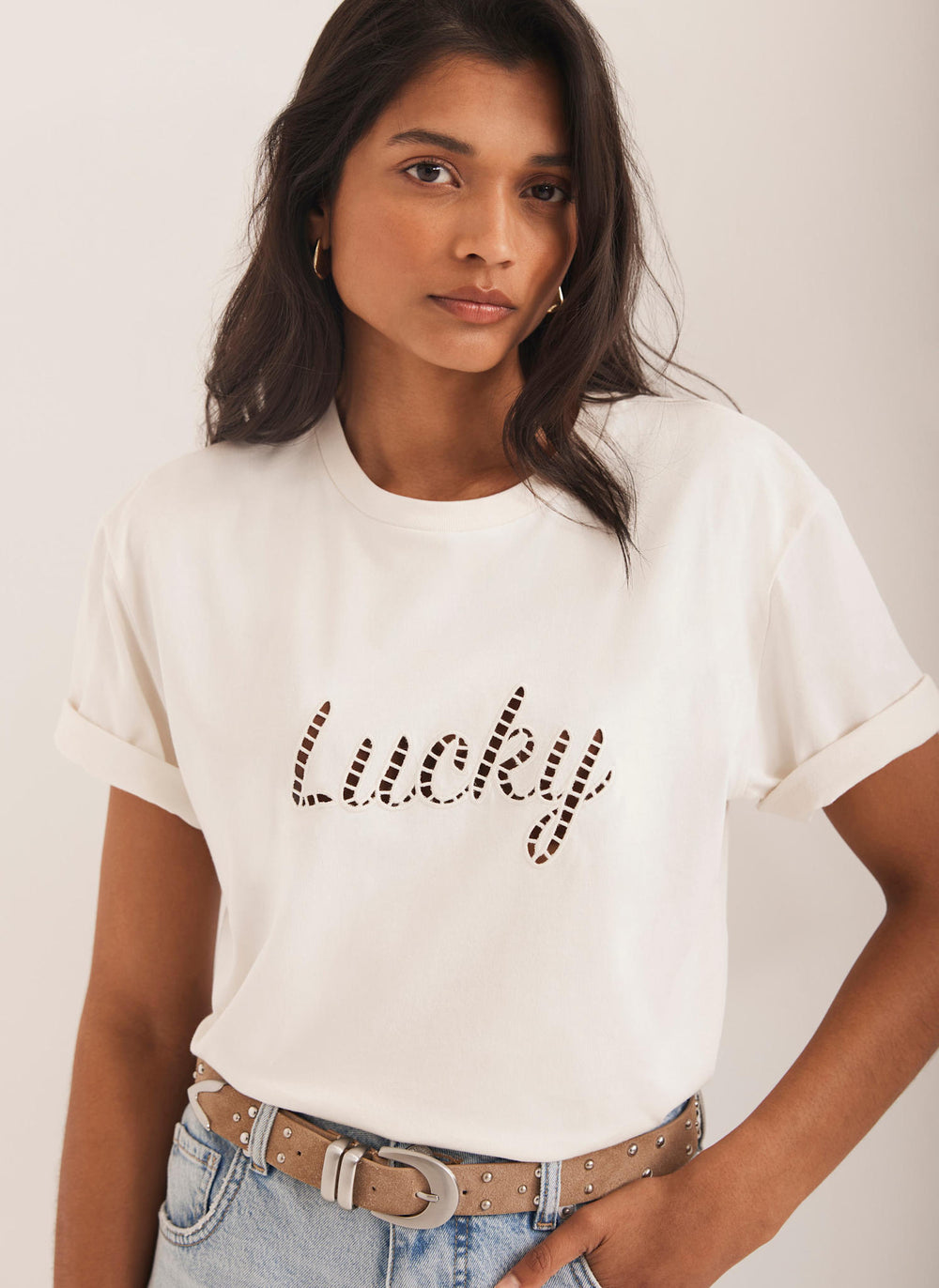 Cream Cotton Cut Out Lucky T-Shirt