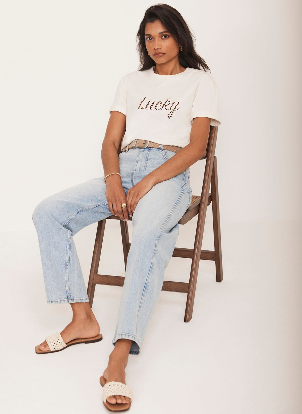 Cream Cotton Cut Out Lucky T-Shirt