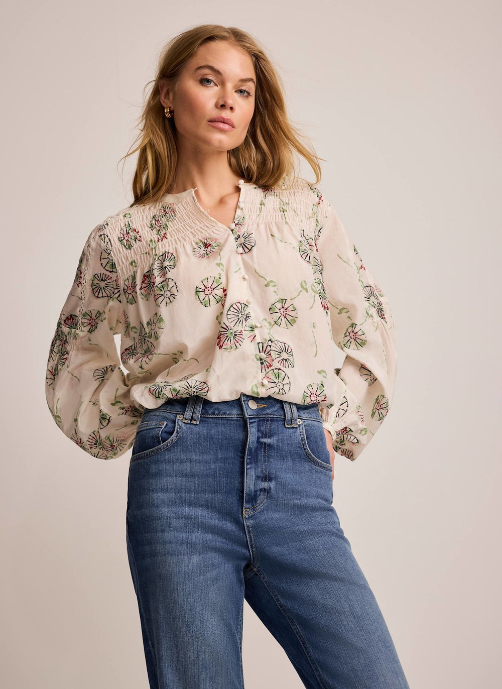 Cream Shirred Printed Blouse