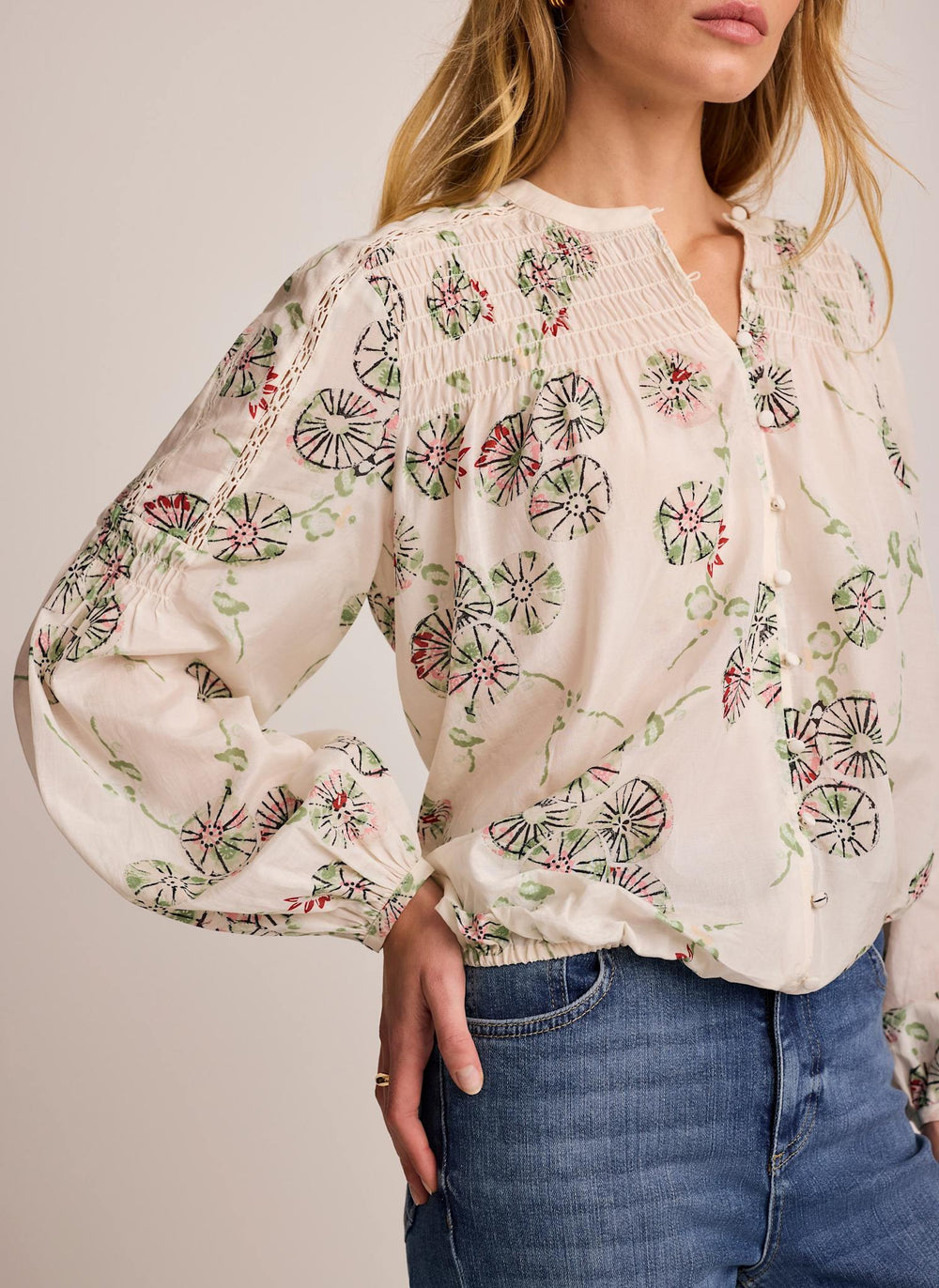 Cream Shirred Printed Blouse
