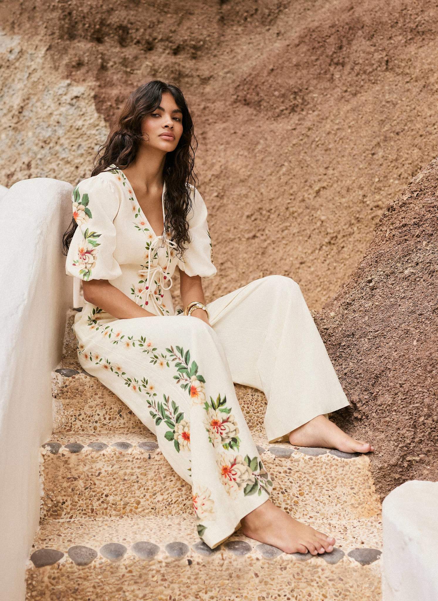 Cream Linen Blend Floral Print Wide Trousers – Mint Velvet