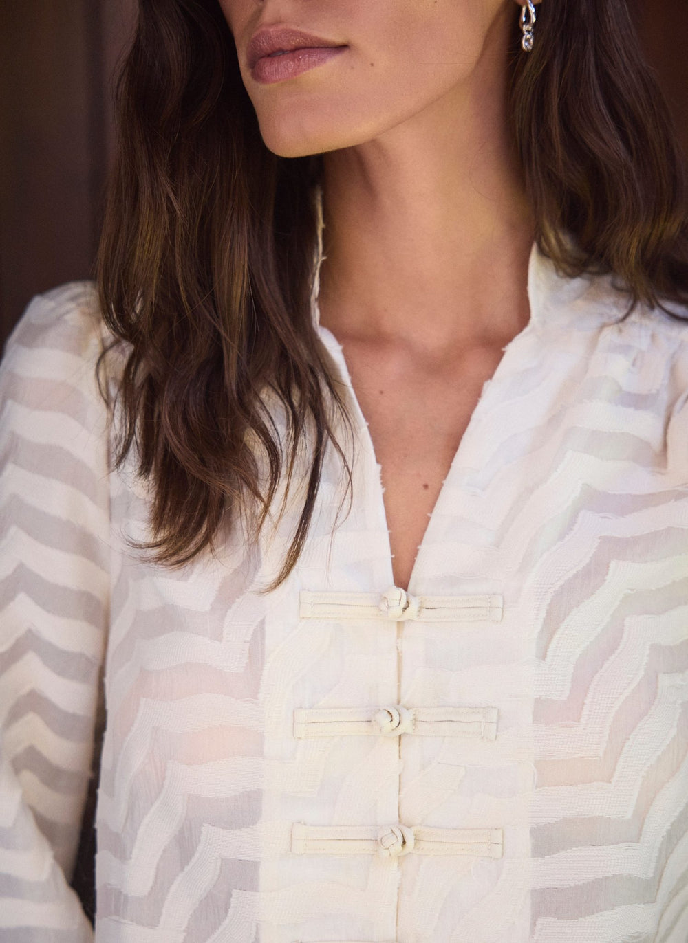 Cream Jacquard Knot Button Blouse