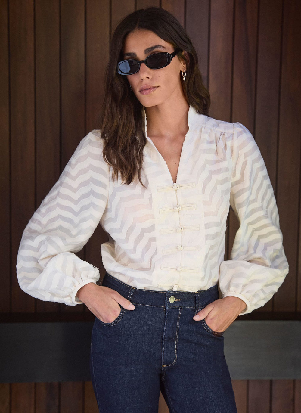 Cream Jacquard Knot Button Blouse