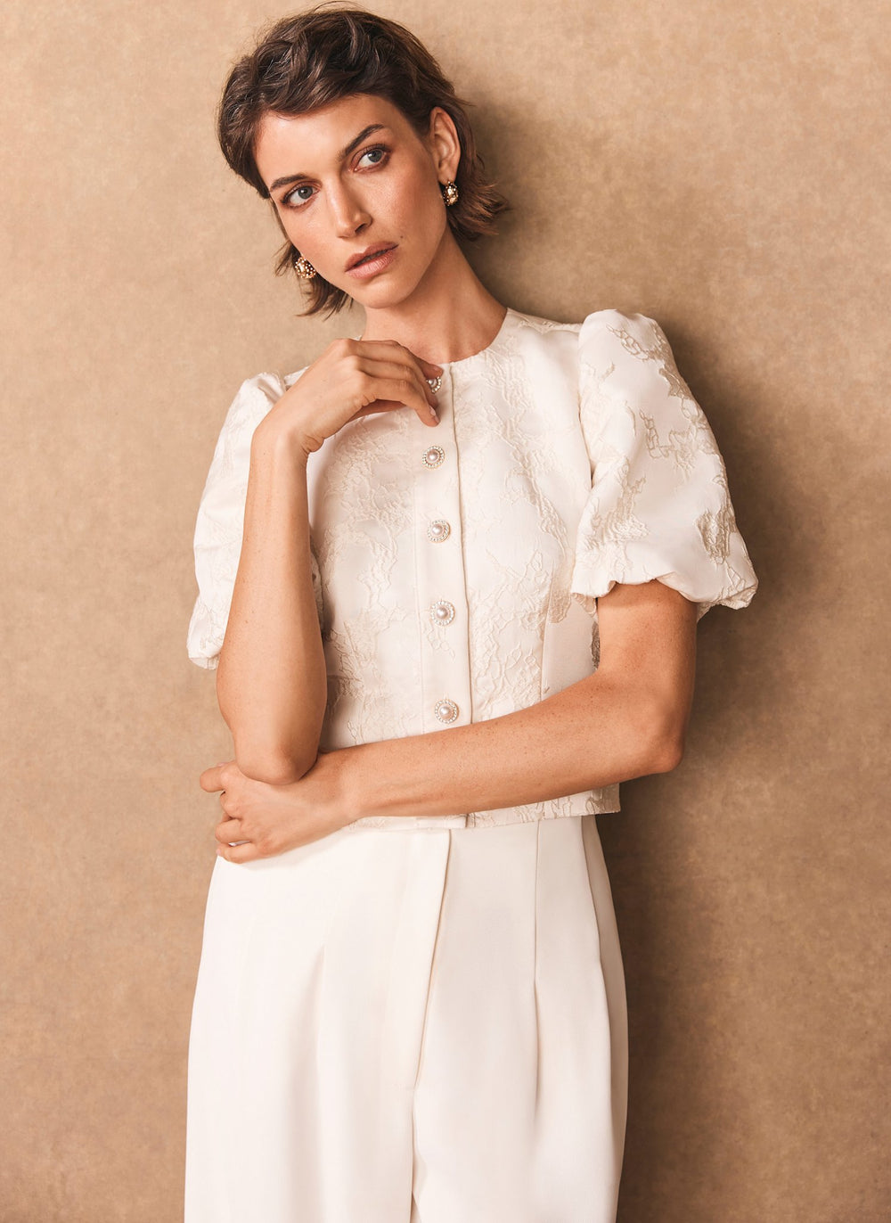 Cream Jacquard Detail Top