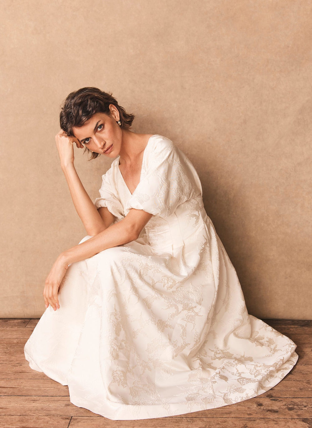 Cream Jacquard Midi Dress