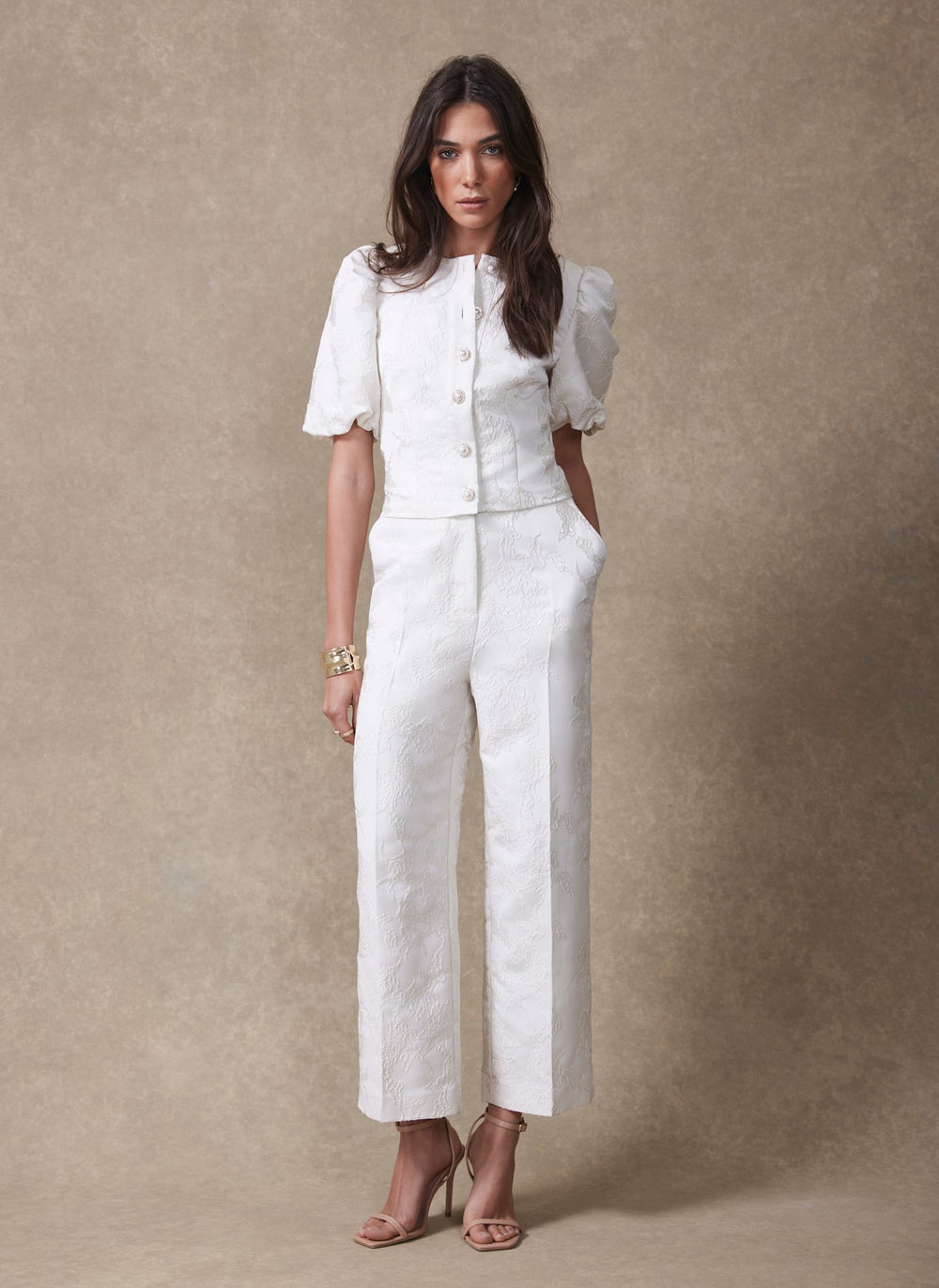 Cream Jacquard Slim Trousers