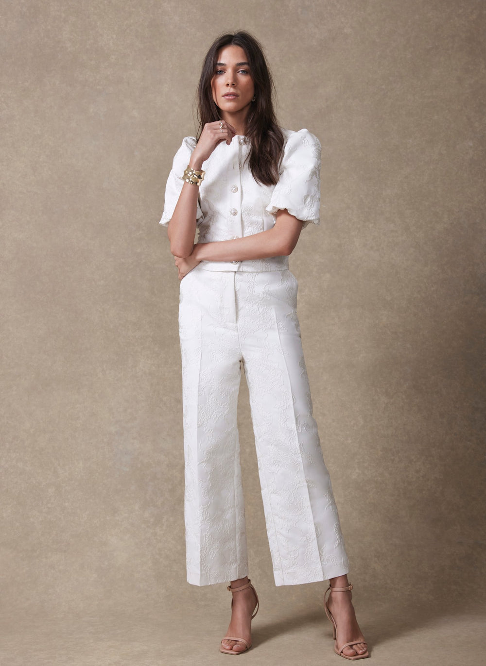 Cream Jacquard Slim Trousers