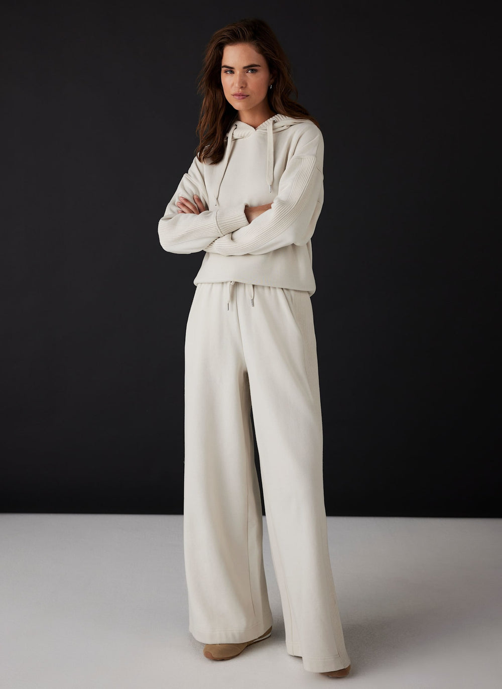 Cream Cotton Blend Wide Leg Joggers