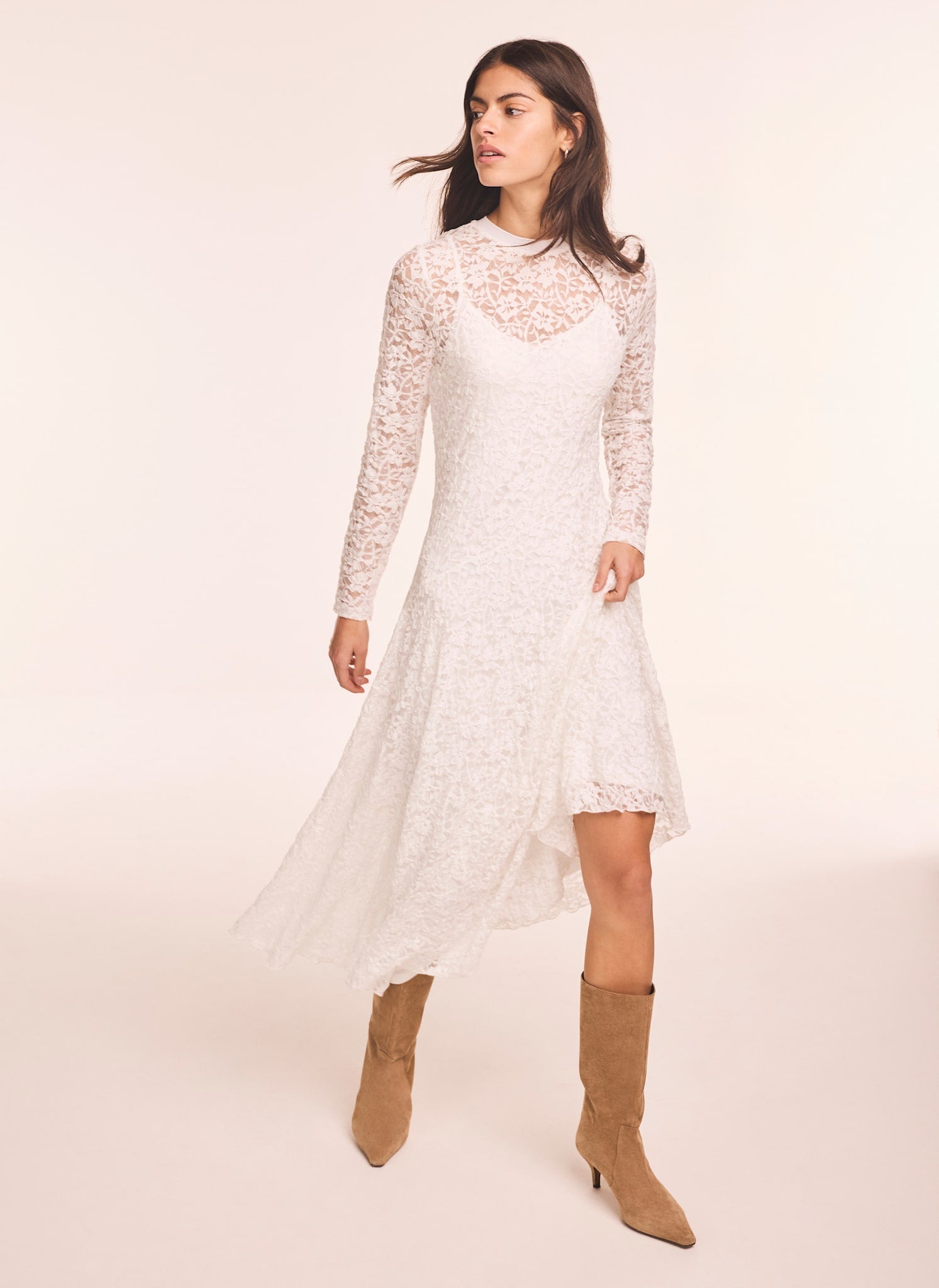 Mint Velvet Cream Lace Full Asymmetric Midi Dress | Size XS | White | Long Sleeve